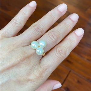 14K Solid Real Gold Triple Pearl Women Ring 7.5